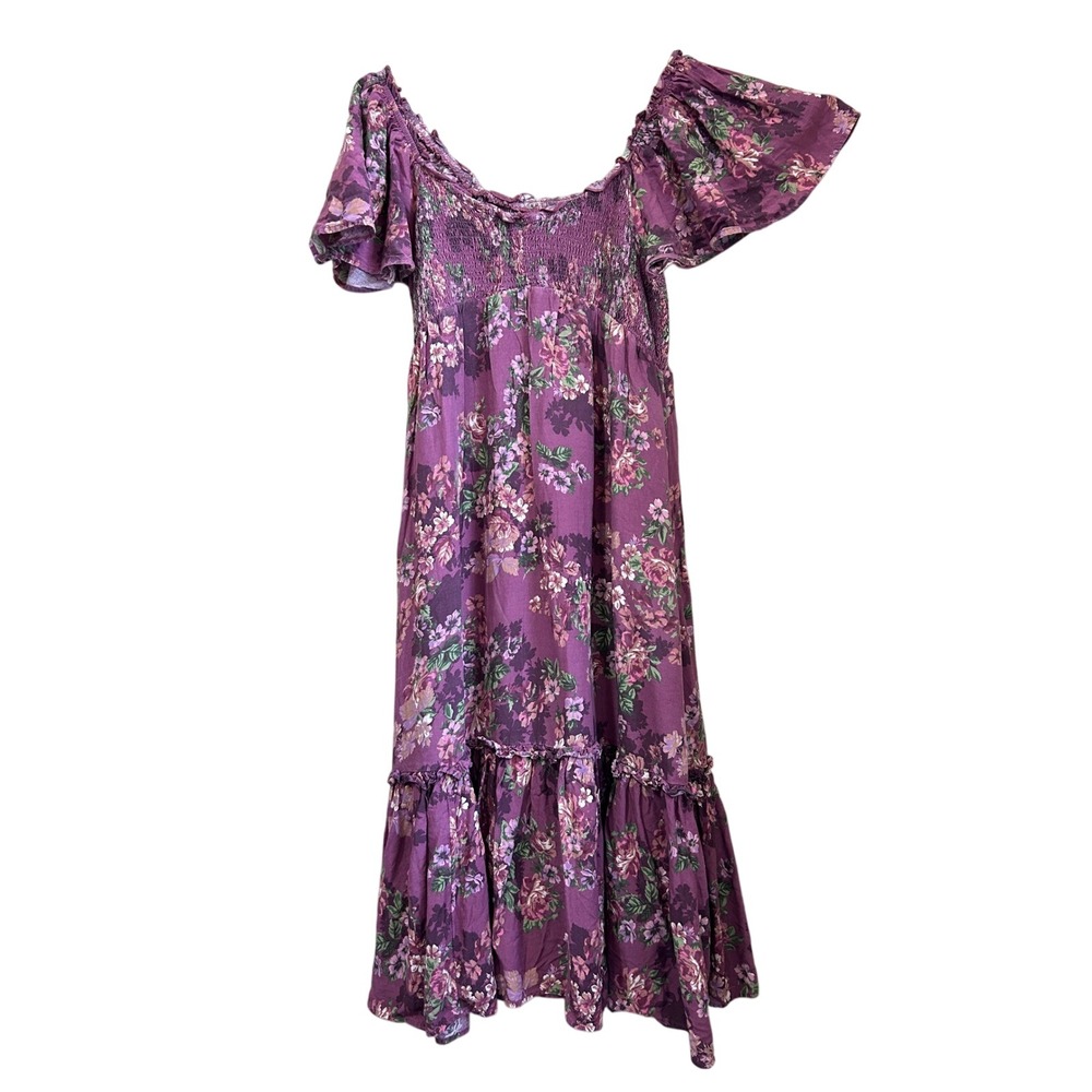 Maurices Purple Floral Smocked Dress Boho Cottage Pairie Rose Milkmaid Large